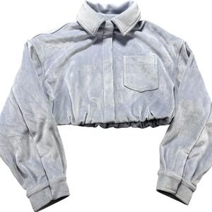 Alo Yoga Jacket Womens Small Blue Collared Velour Cropped Snap Front Elastic Hem
